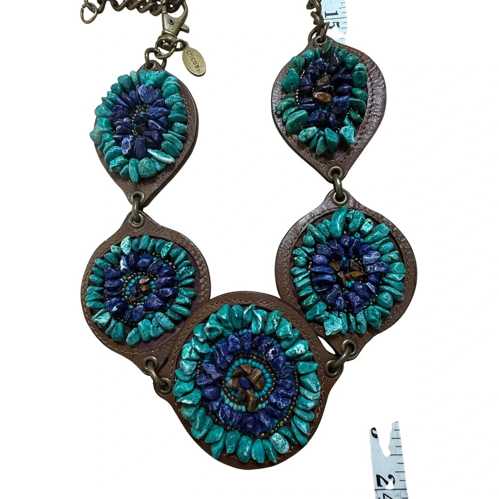 Chico's Stone Medallion Chain Belt Turquoise Purple Boho Western Statement - Picture 13 of 15